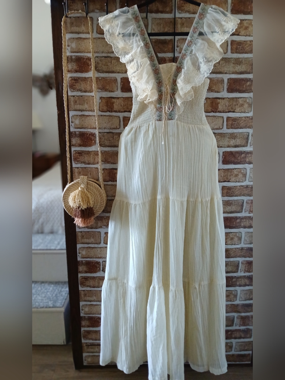 Vintage VICKY VAUGHN Prairie BOHO Cream LACE Summer MAXI Romantic DRESS XS S - Picture 2 of 14